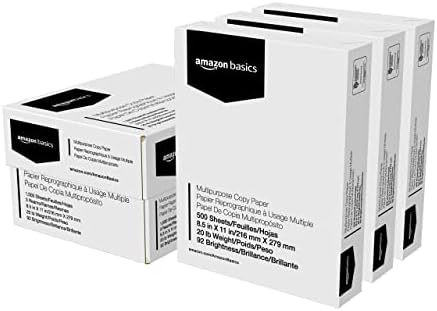 Amazon Basics Multipurpose Copy Printer Paper, 8.5" x 11", 20 lb, 5 Reams, 2500 Sheets, 92 Bright, White